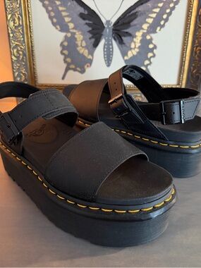 Dr. Martens Black Platform Sandals with Yellow Stitching